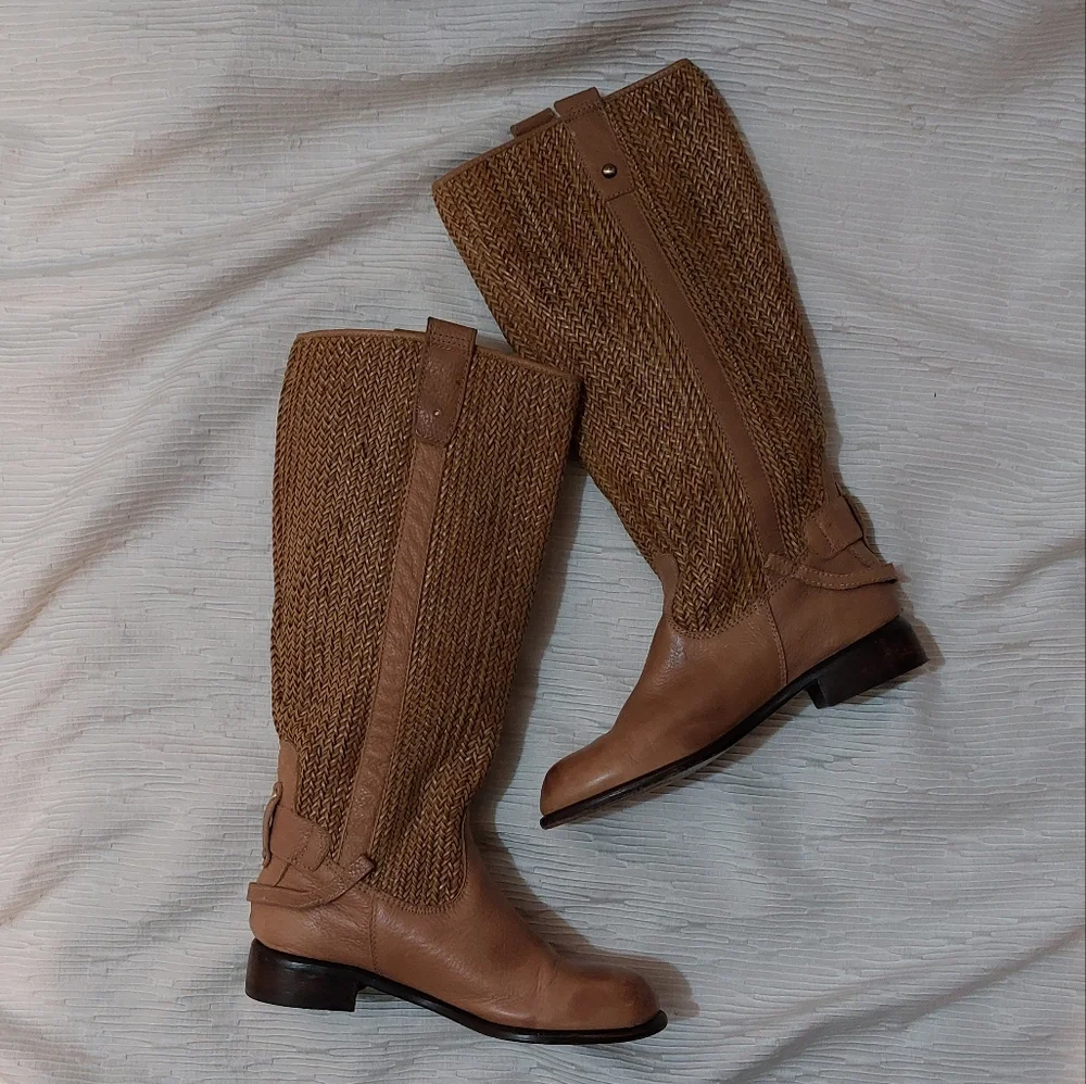 Anthropologie Tan/brown Leather Woven Over the Knee Riding Boots Size 6